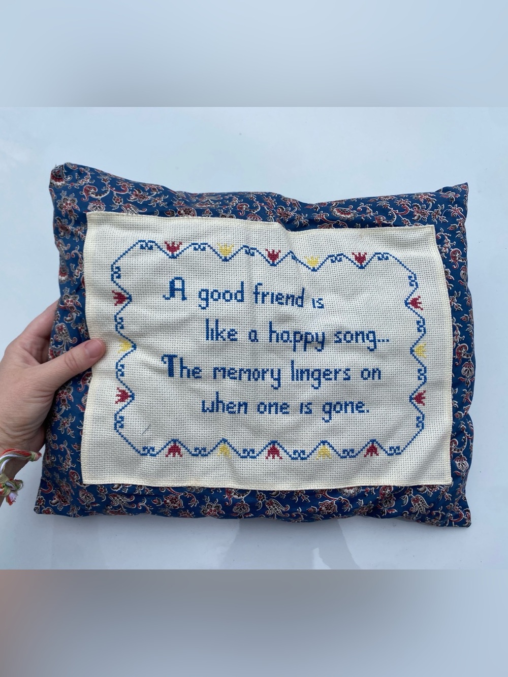 Vintage Handmade Cross-Stitch Pillow Friend Verse